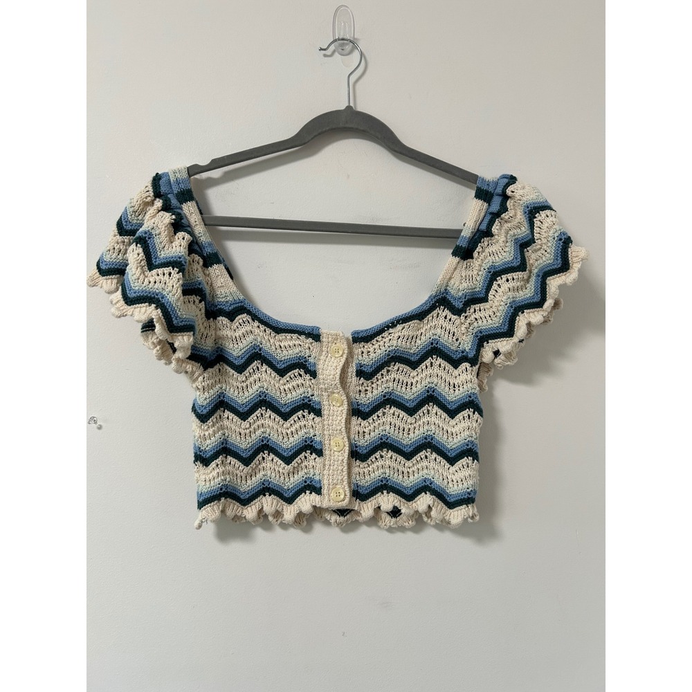 Zara Chevron Crochet Crop Top Womens Med Blue Cream Boho Zigzag Hippie